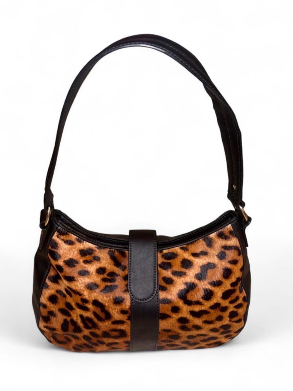 Talbots Leopard Haircalf Mini Hobo Shoulder Bag – Black Leather Trim – Y2K